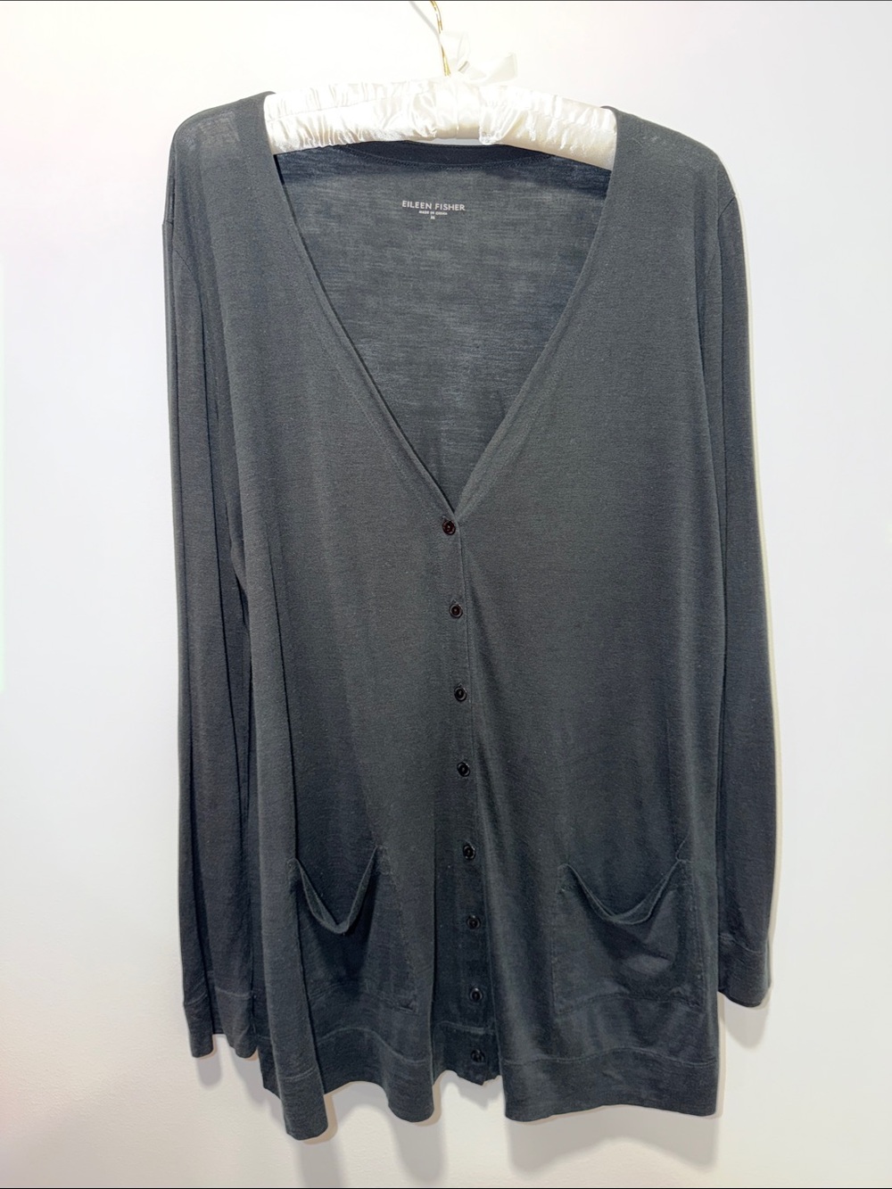 Eileen Fisher M Black Light Silk Cotton blend cardigan button front with pockets